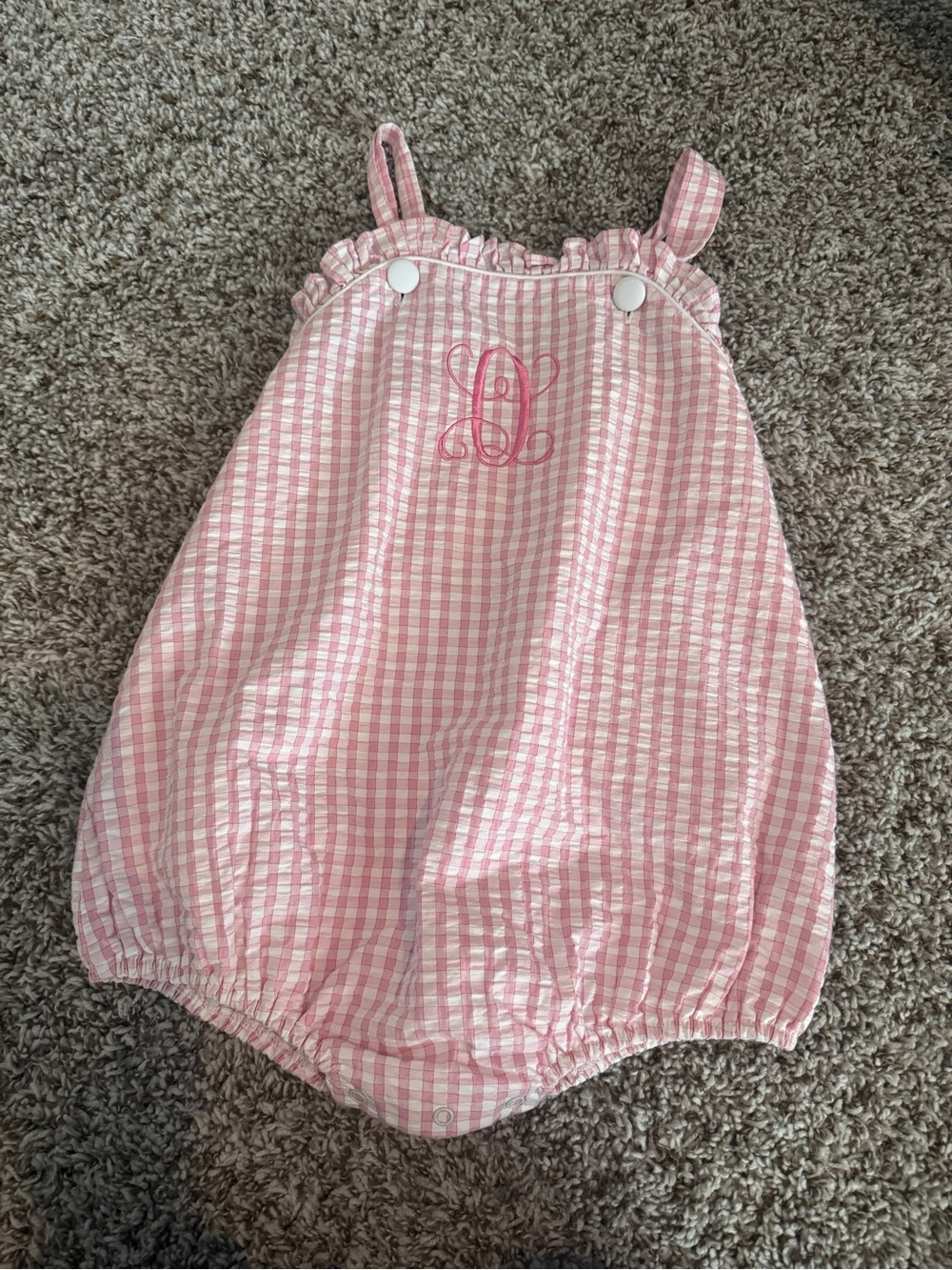 Posh Peanut Pink Gingham Monogram “Q” Toddler Girl 4T Bubble Romper